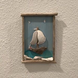 Driftwood Art, Seashell Sailboat & Birds, Driftwood Coastal Art